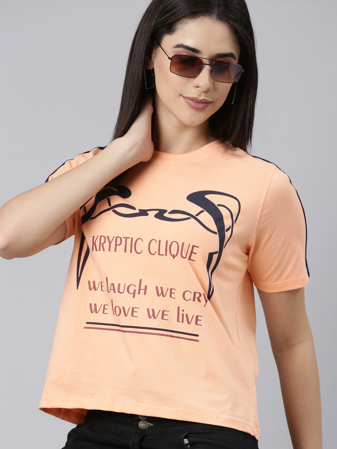 

Kryptic Typography Printed Round Neck Cotton Crop Relaxed Fit T-shirt, Peach