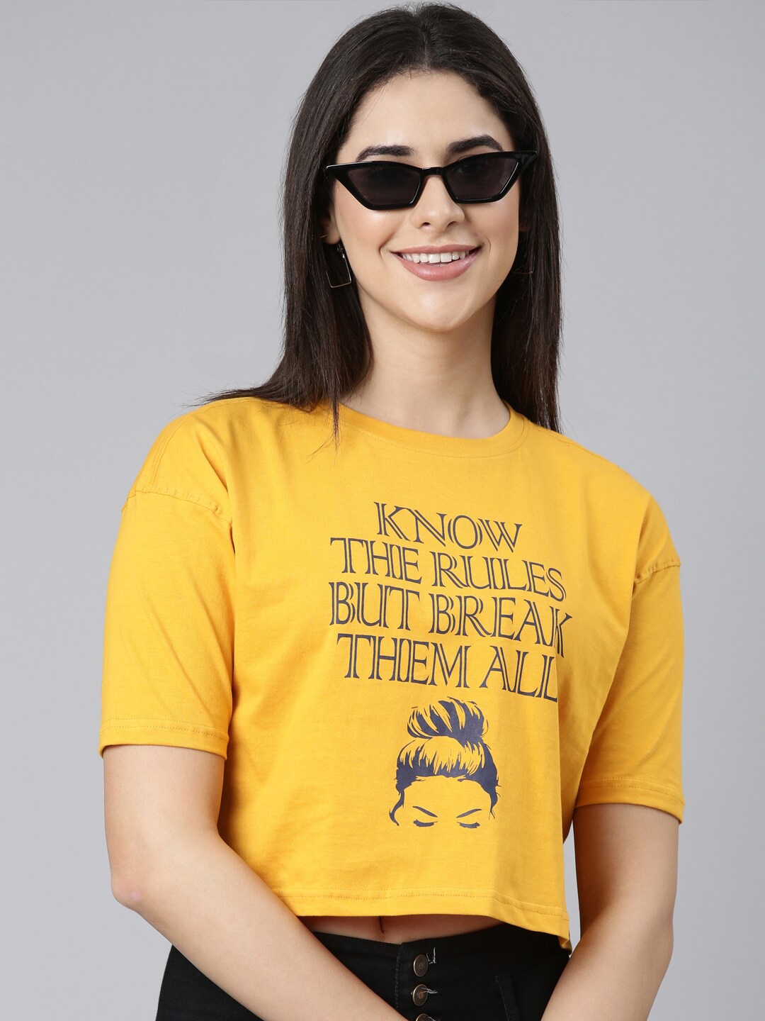 

Kryptic Typography Printed Round Neck Cotton Crop Oversized T-shirt, Mustard