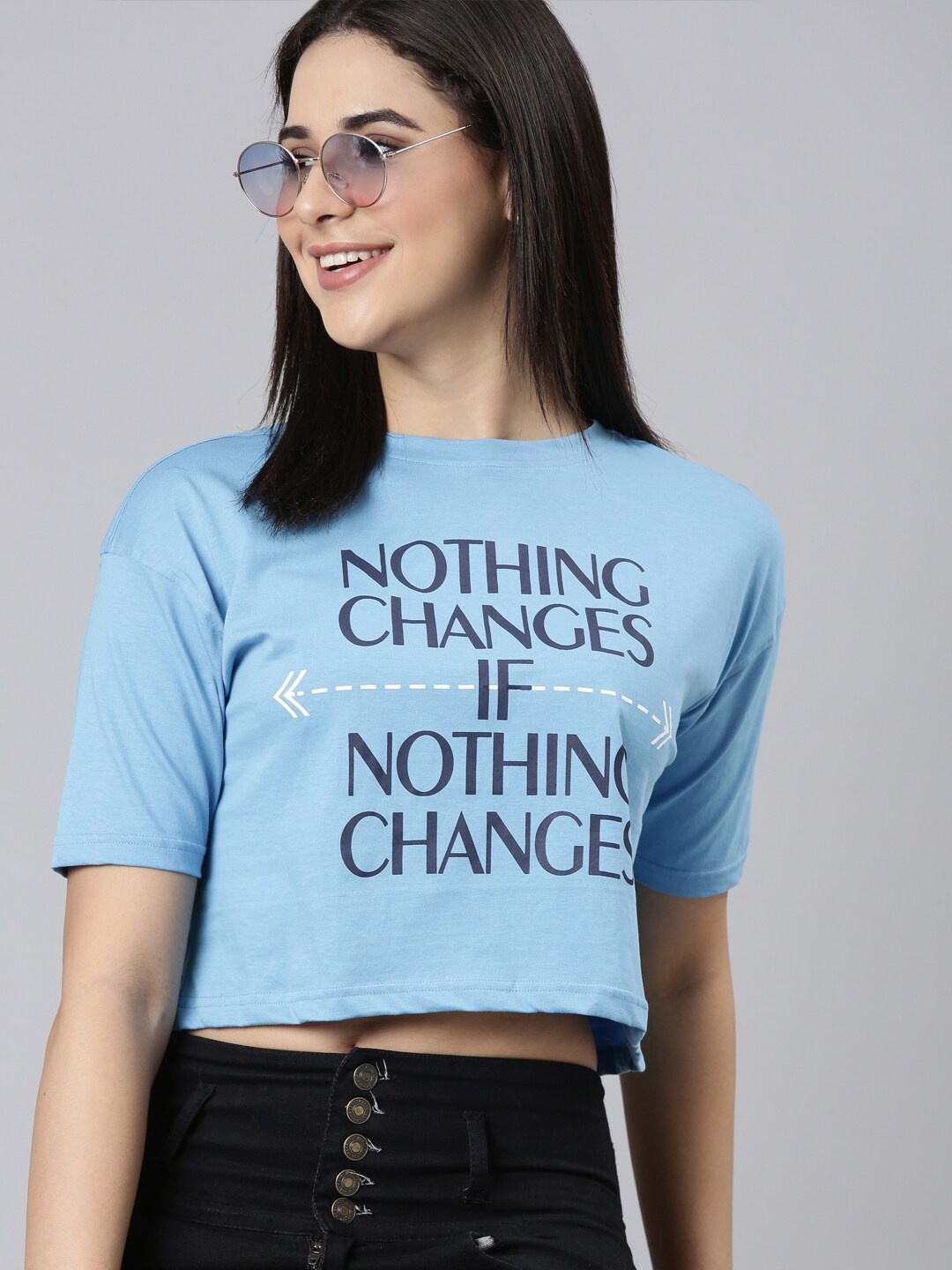 

Kryptic Typography Printed Round Neck Cotton Crop Oversized T-shirt, Blue