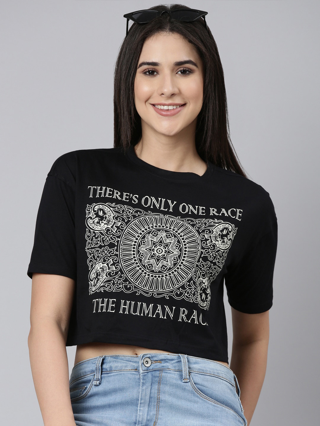 

Kryptic Typography Printed Round Neck Cotton Crop Oversized T-shirt, Black
