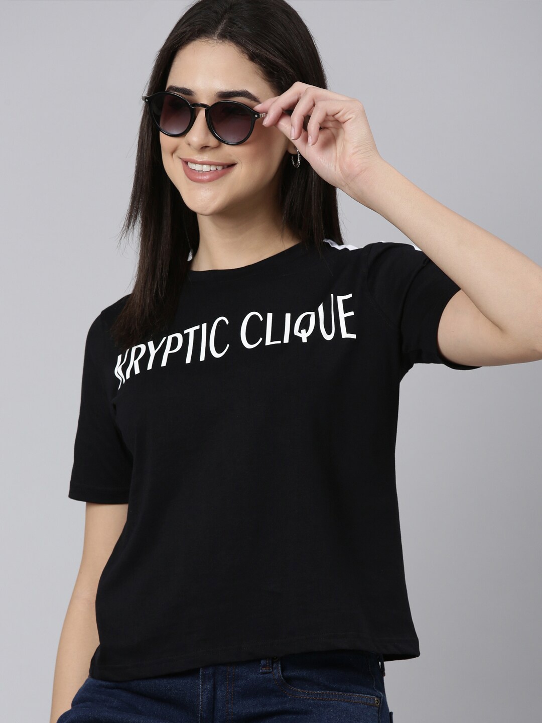 

Kryptic Typography Printed Round Neck Cotton Crop Relaxed Fit T-shirt, Black