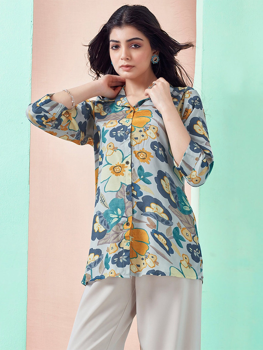 

Peachmode Shirt Collar Floral Print Cotton Shirt Style Top, Grey