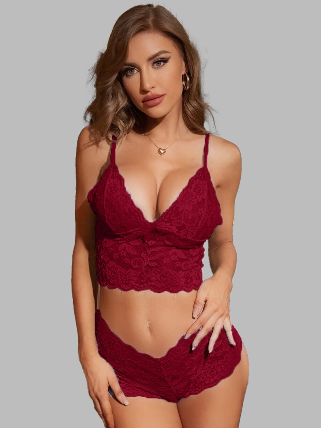 

Krelin Self Design Halter Neck Net Baby Doll, Maroon