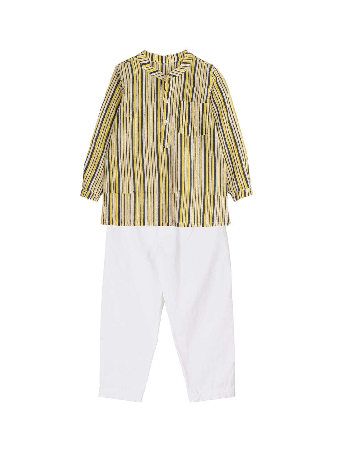 

My Little Lambs Boys Navy Blue & Yellow Striped Kurta with Pyjamas