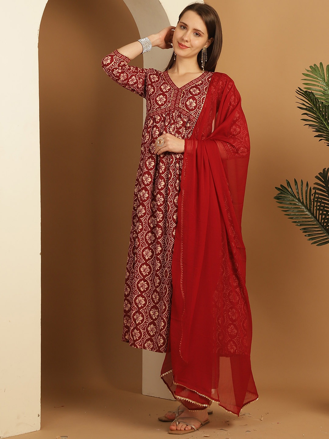 

Roly Poly Ethnic Motifs Printed Pleated Gotta Patti A-Line Kurta with Trousers & Dupatta, Maroon