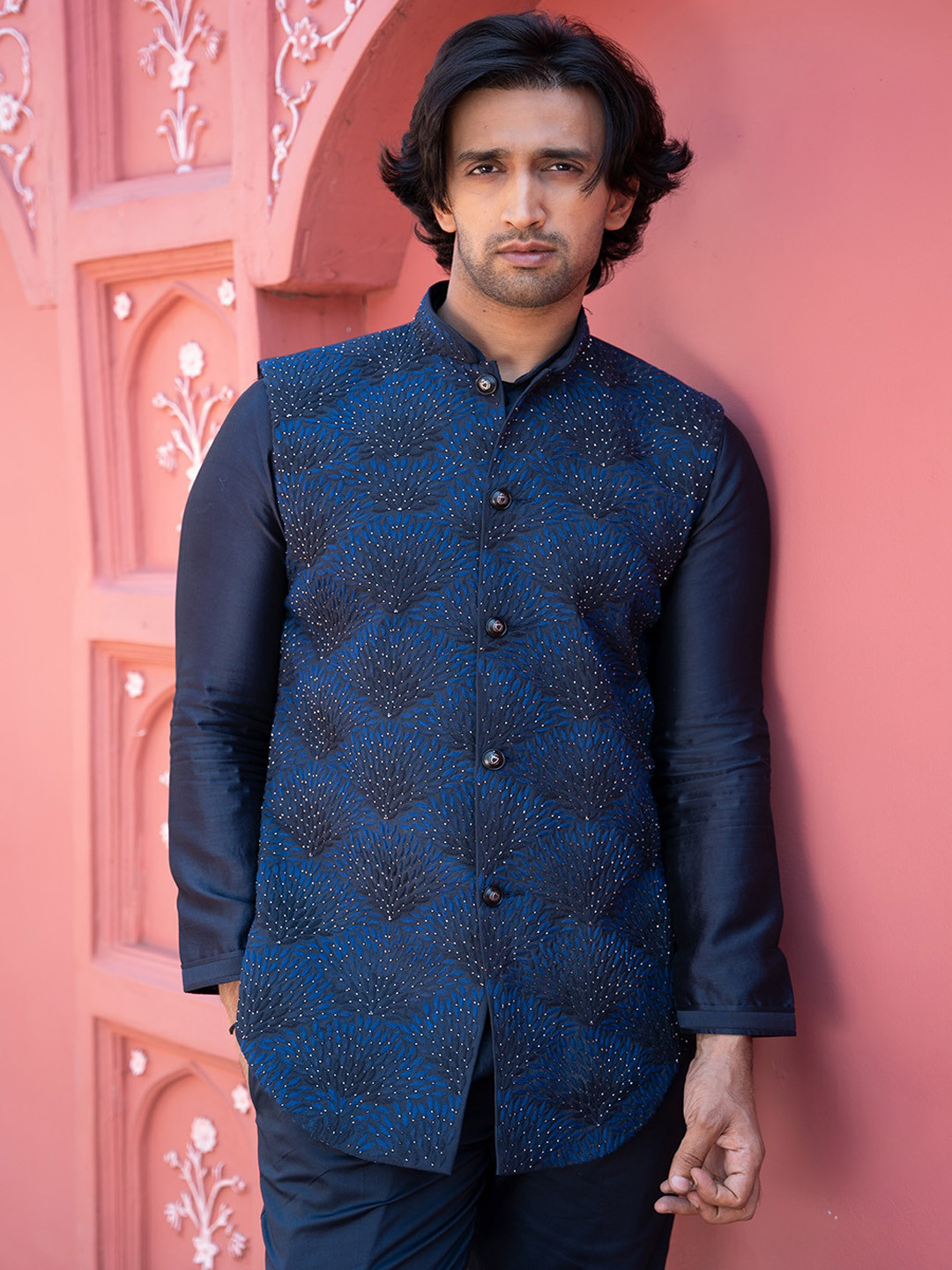 

KAAJ BUTTON Regular Chanderi Silk Mandarin Collar Straight Kurta with Trouser &Waistcoat, Blue