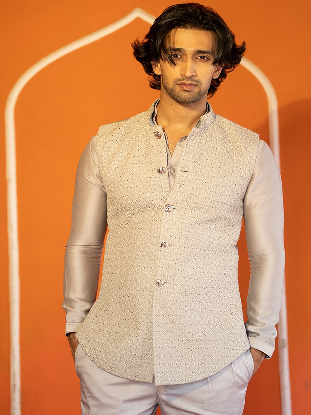 

KAAJ BUTTON Self Designed 3 Piece Bandhgala Suit, Gold