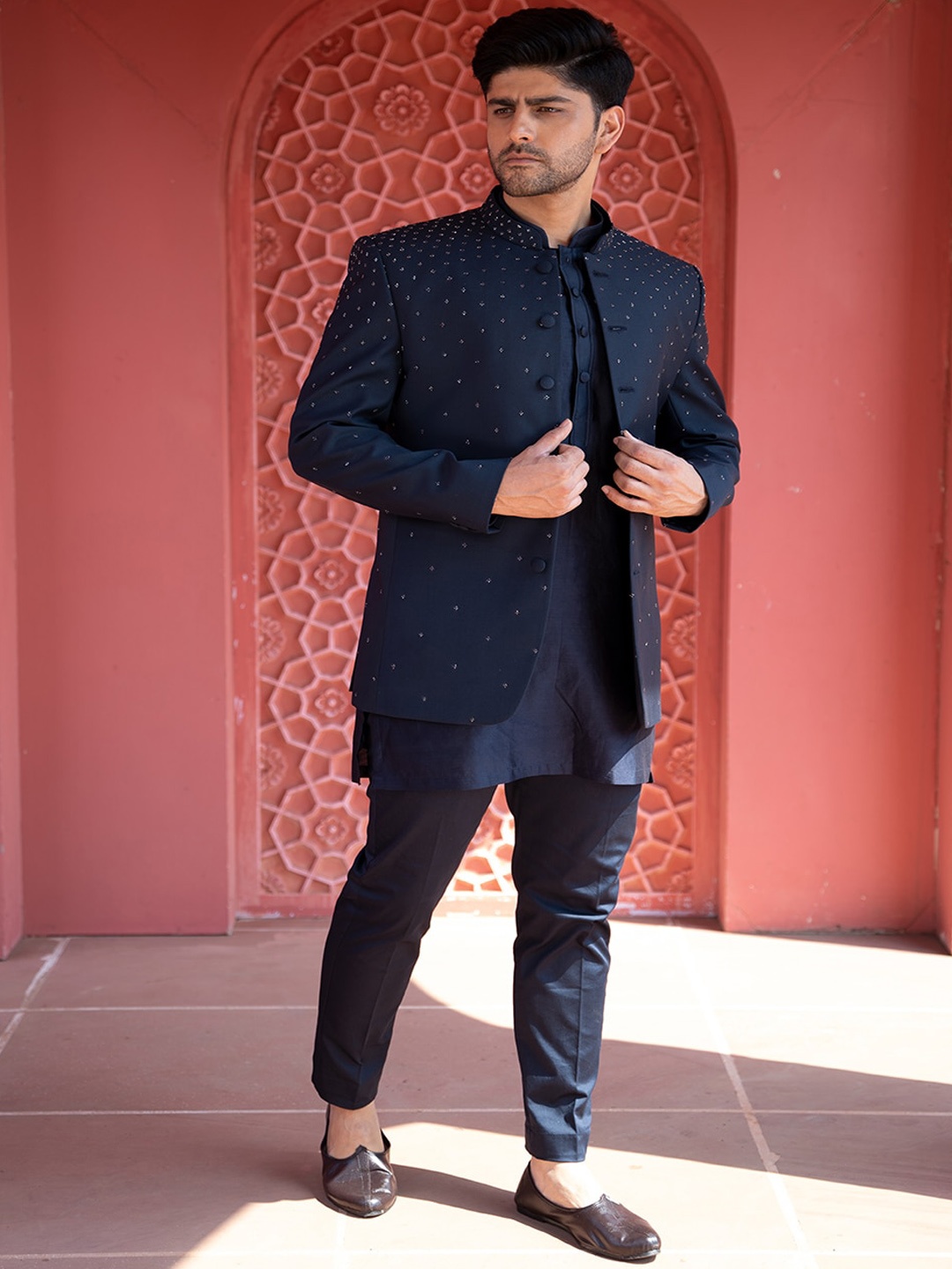 

KAAJ BUTTON Paisley Embroidered Chanderi Silk Straight Kurta with Skirt & Jacket, Blue