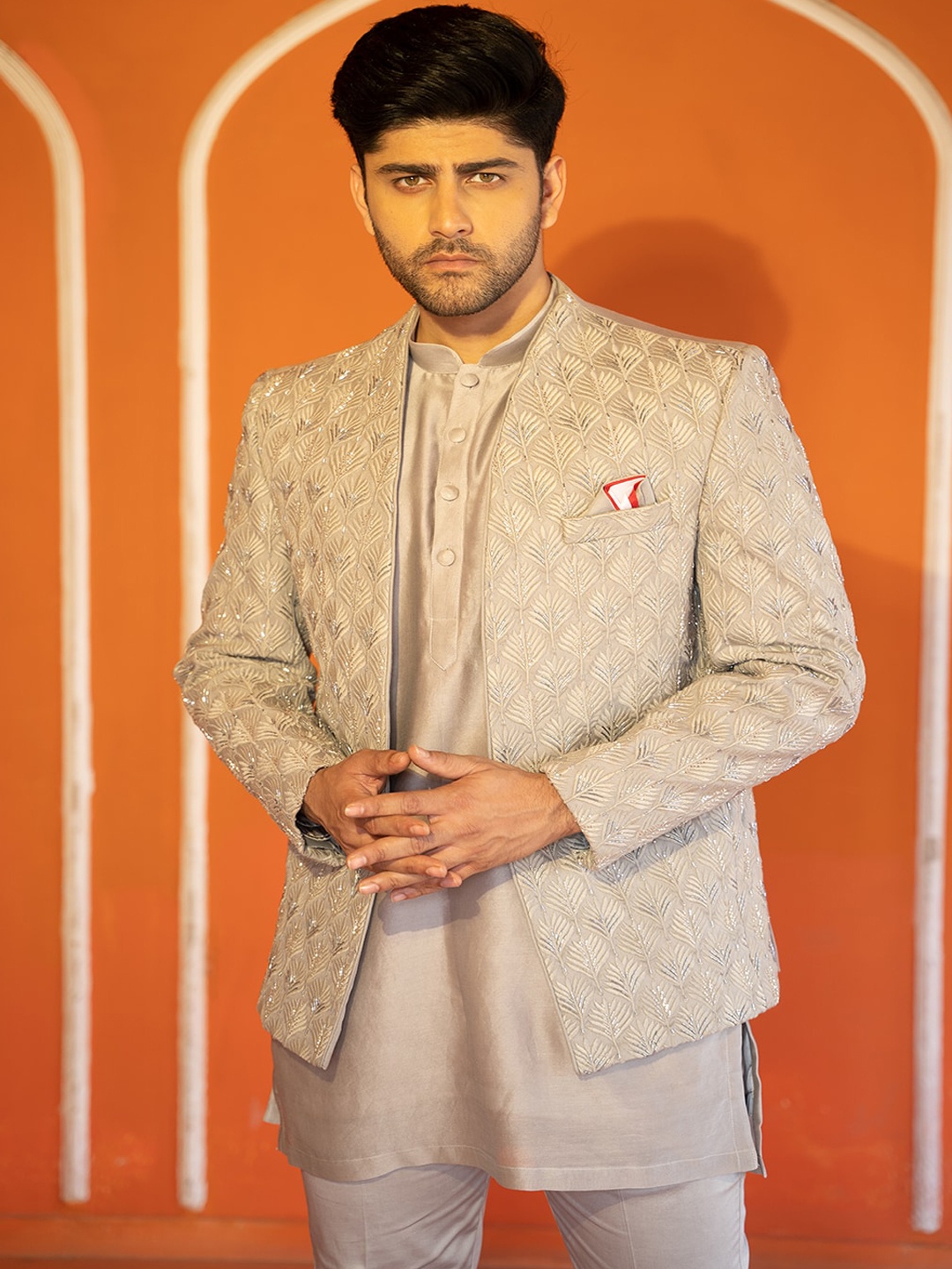 

KAAJ BUTTON Geometric Embroidered Mandarin Collar A-Line Kurta With Pyjama, Gold