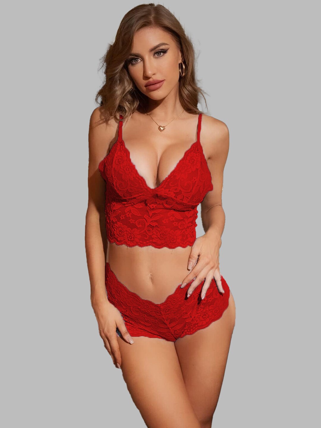 

FIMBUL Self-Designed Non Padded Net Lingerie Set, Red