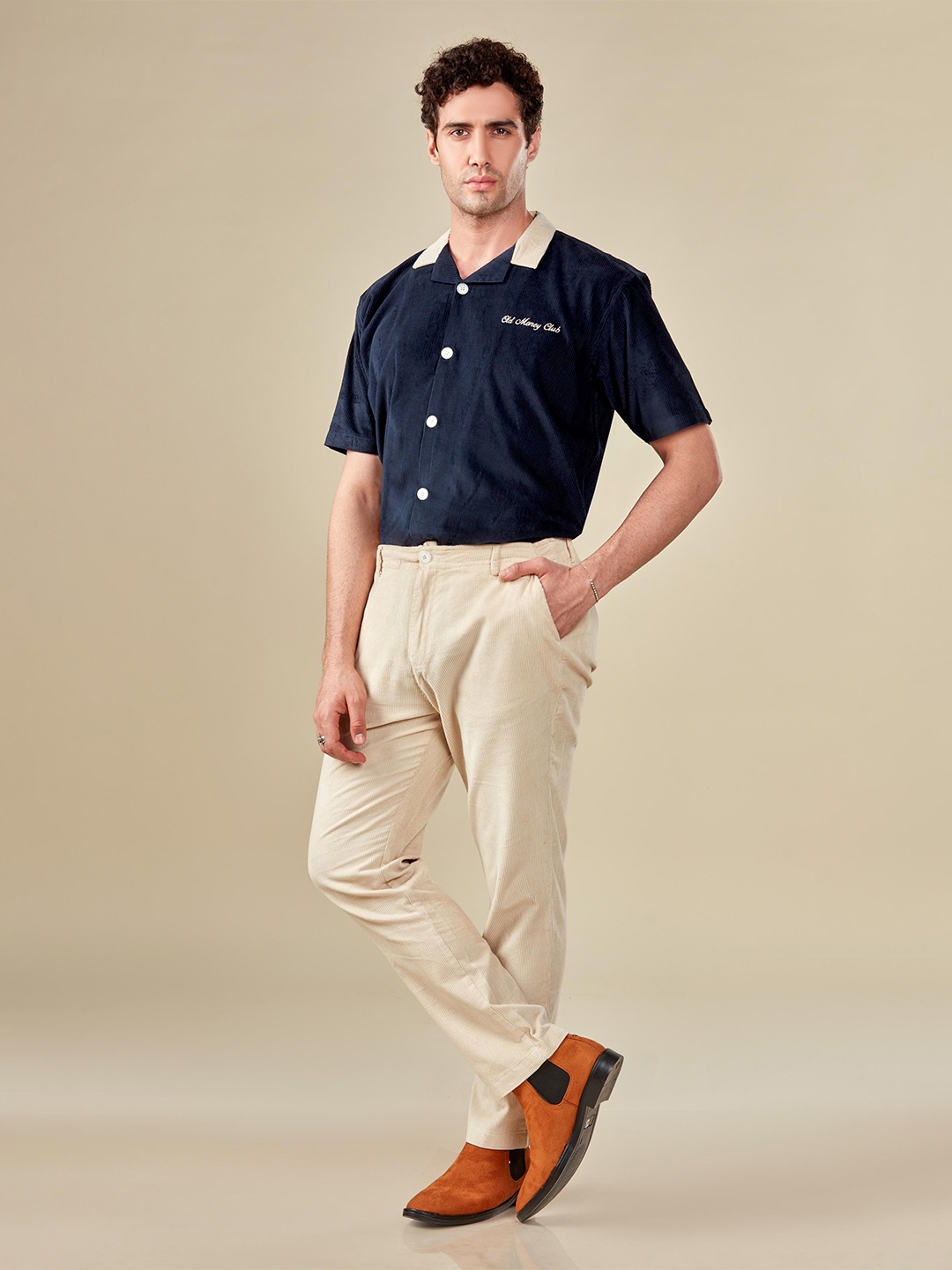 

HAMPTONS Cotton Corduroy Contrast Collar Half Sleeve Casual Shirt, Navy blue