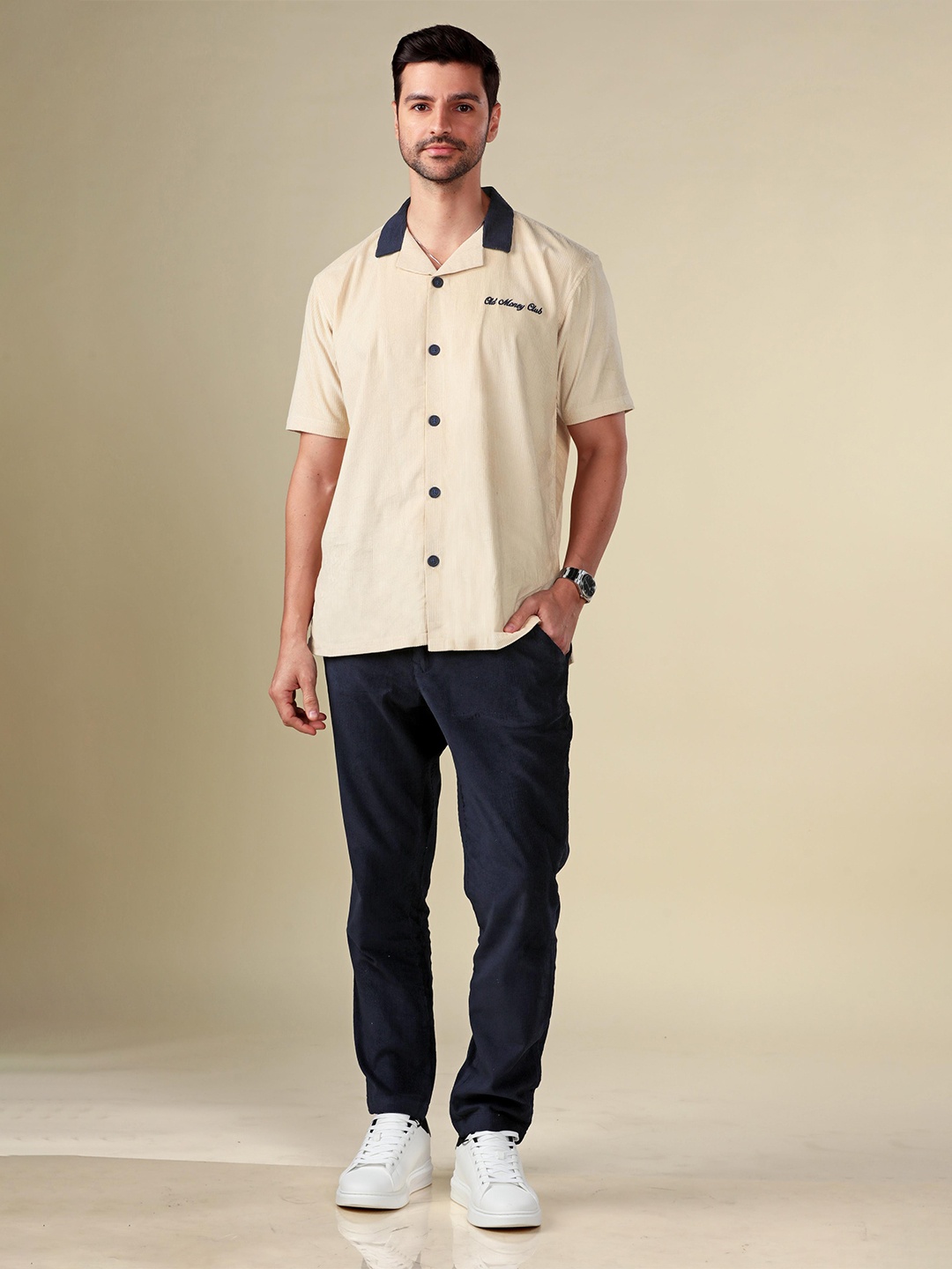 

HAMPTONS Cotton Corduroy Contrast Collar Half Sleeve Casual Shirt, Beige