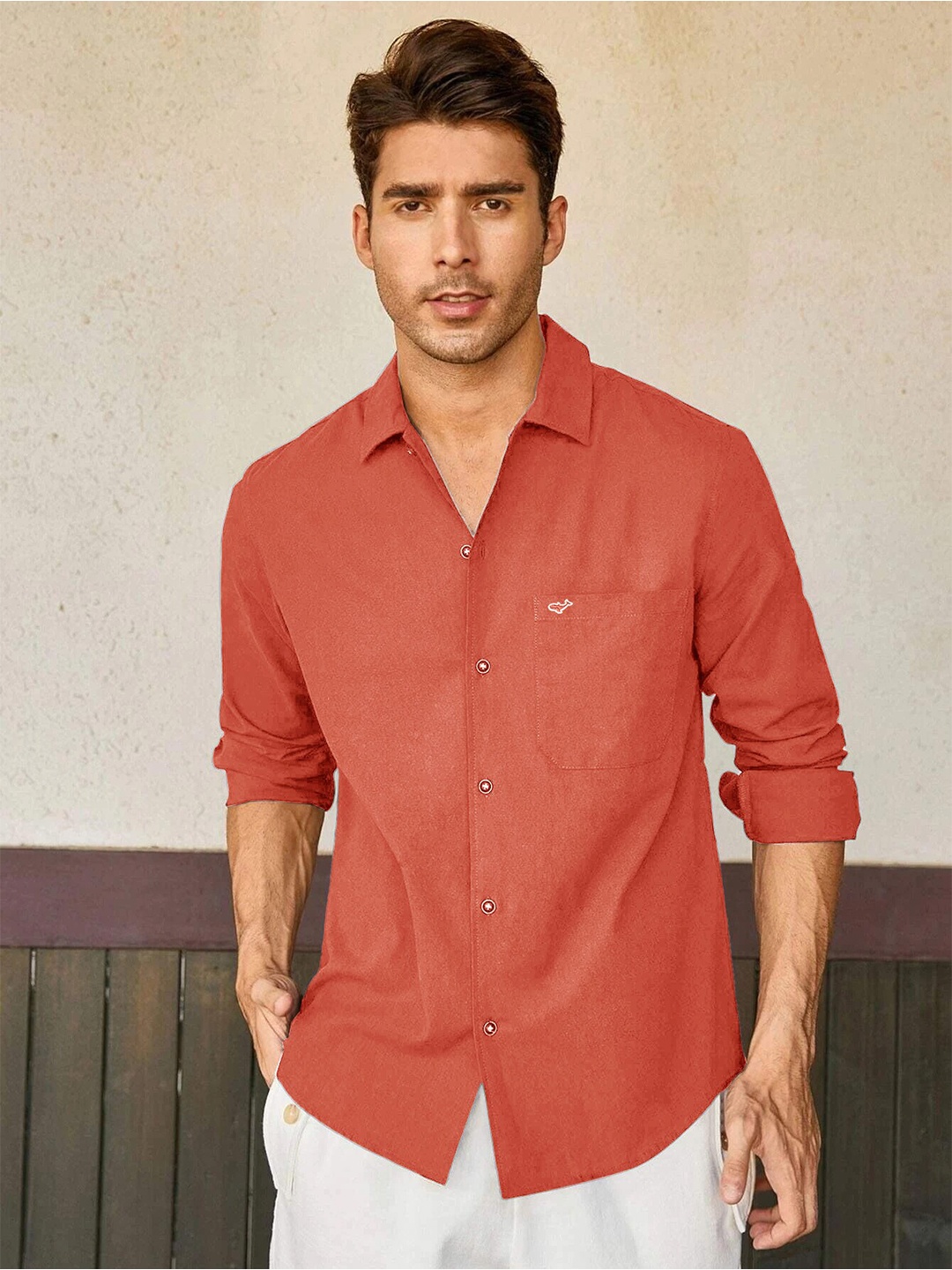 

HAMPTONS Pure Linen Spread Collar Casual Shirt, Tan