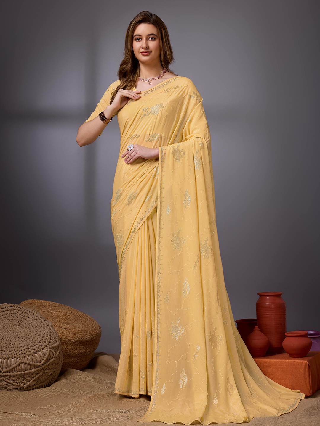 

Mitera Floral Embroidered Sequinned Pure Chiffon Saree, Yellow