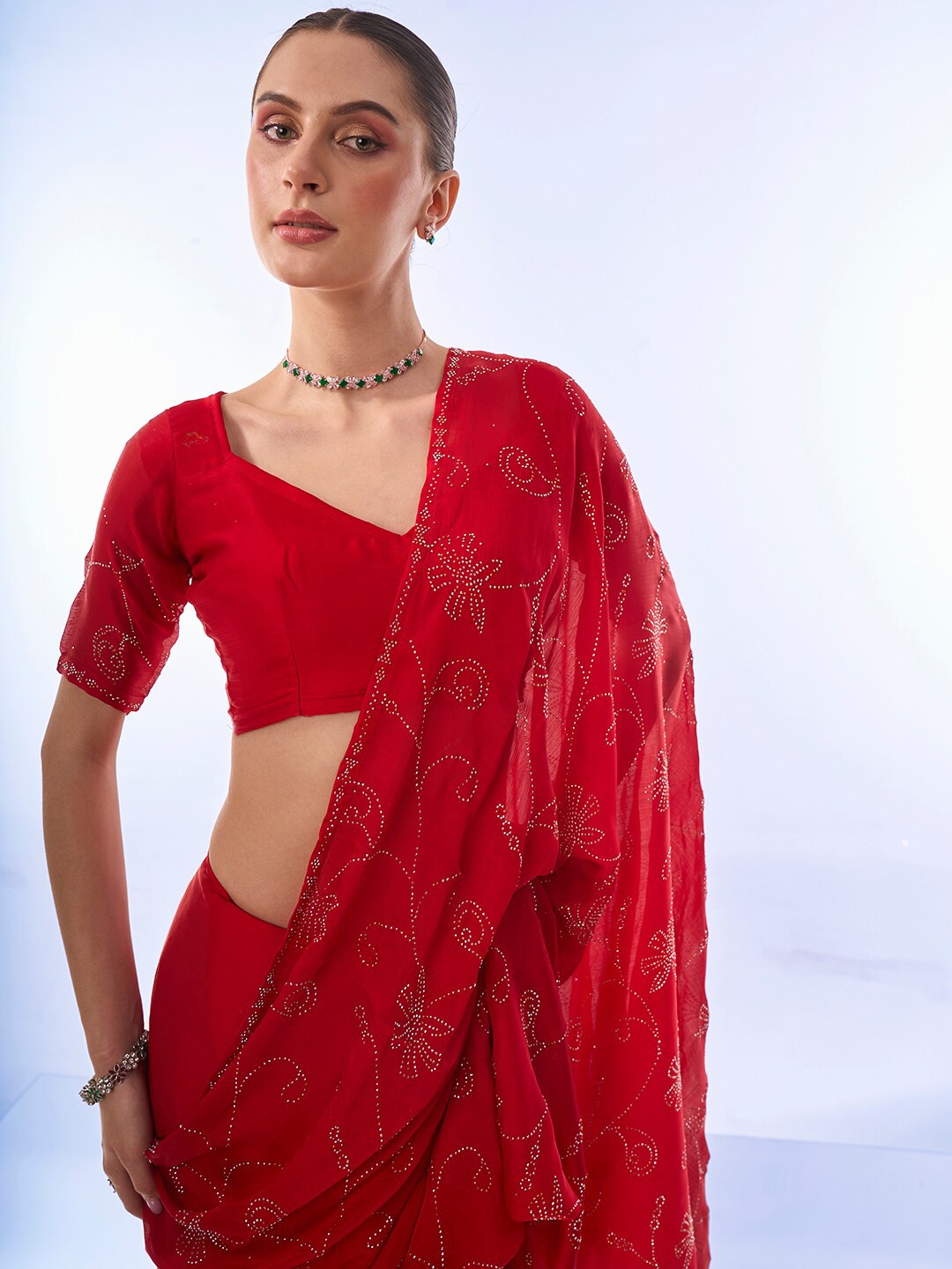 

Kalista Embellished Mukaish Satin Saree, Red
