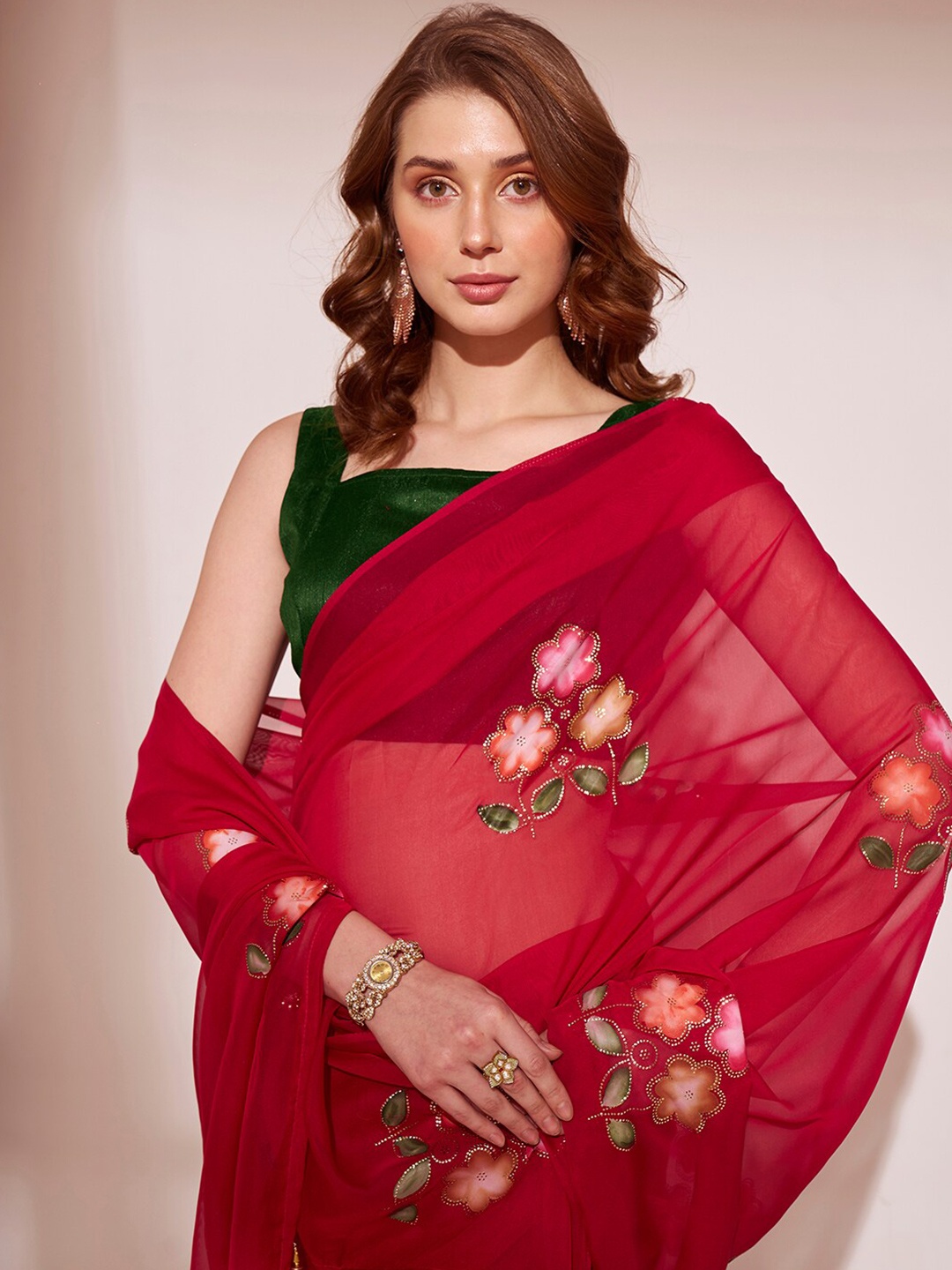 

Kalista Floral Beads and Stones Organza Saree, Red