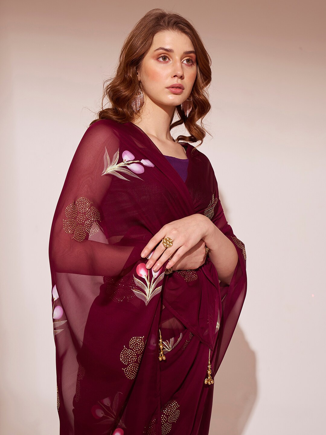 

Kalista Floral Beads and Stones Organza Designer Saree, Purple