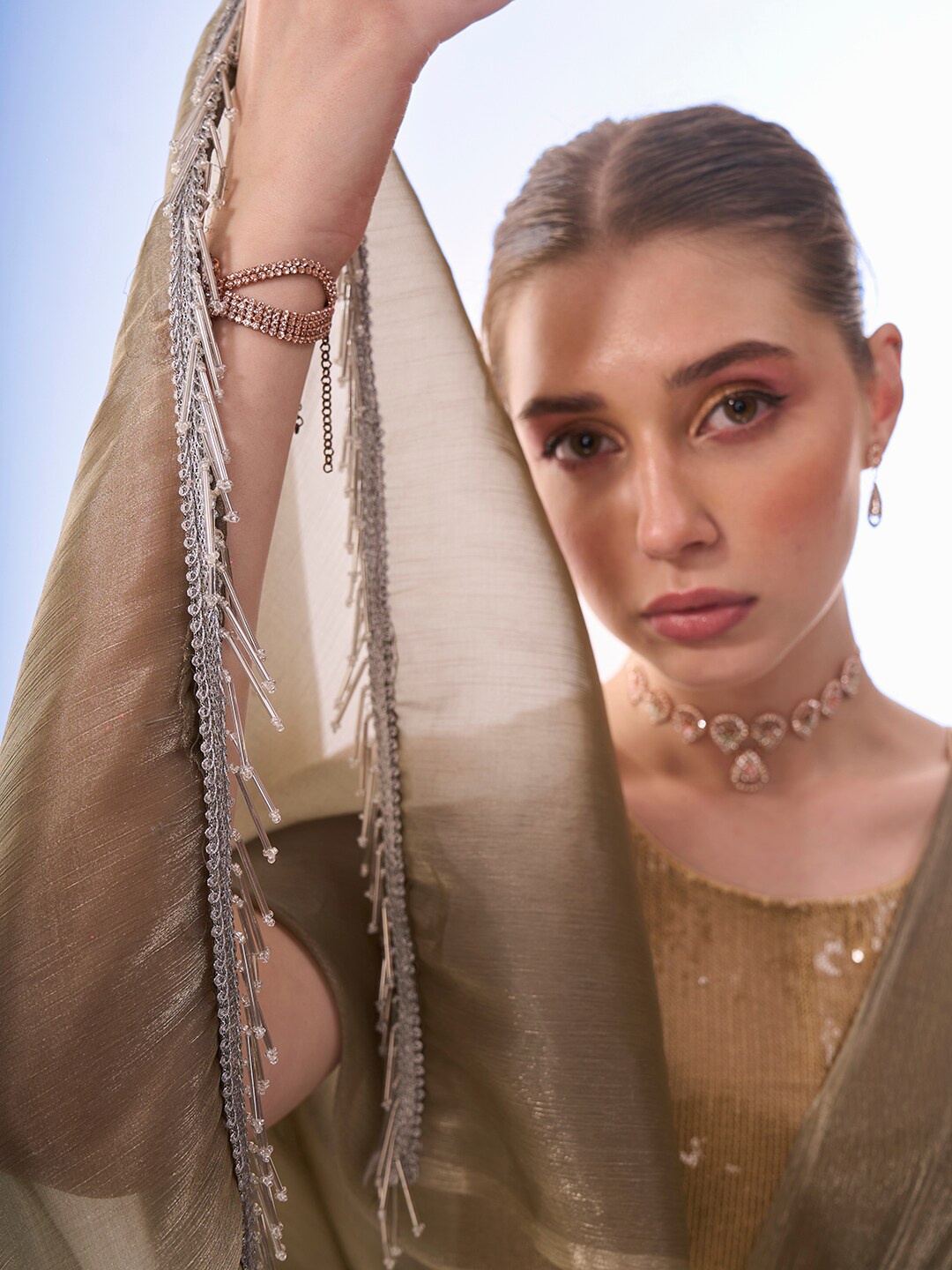 

Kalista Sequinned Organza Saree, Olive