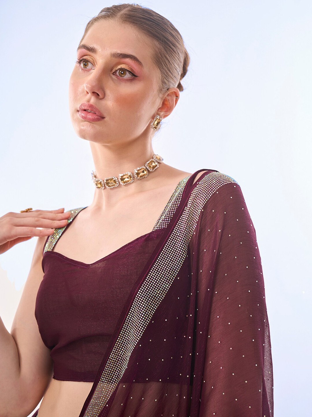 

Kalista Embellished Beads and Stones Satin Saree, Purple