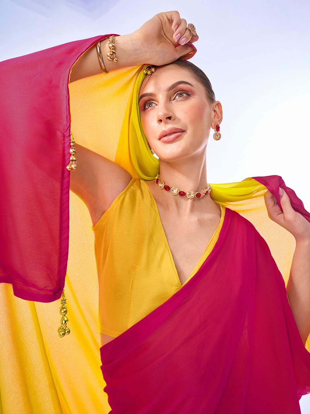 

Kalista Colourblocked Pure Chiffon Saree, Pink
