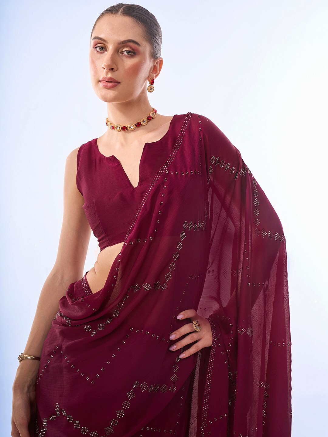 

Kalista Embellished Mukaish Satin Saree, Purple