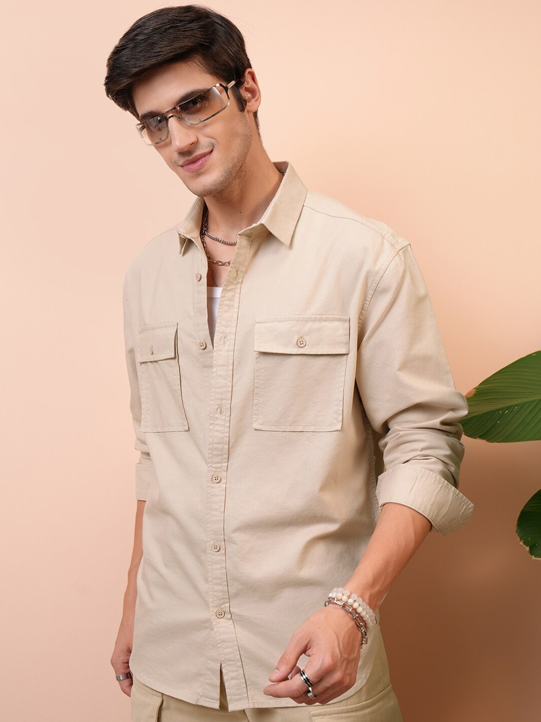 

LOCOMOTIVE Premium Utility Pocket Cotton Relaxed Shirt, Beige