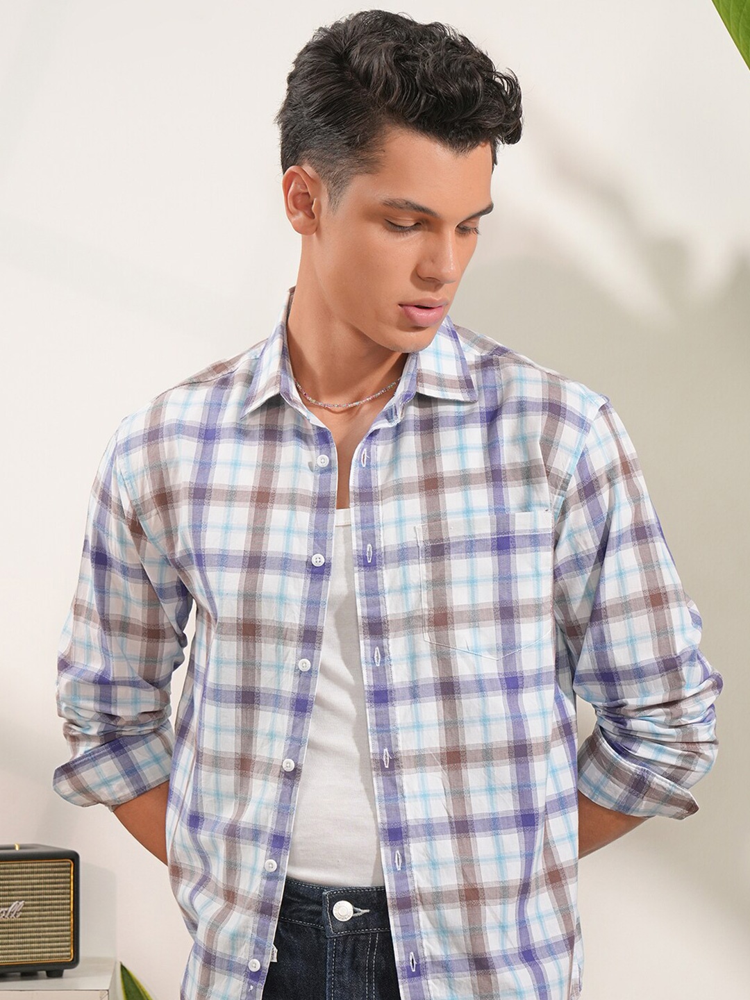 

LOCOMOTIVE Premium Checked Cotton Relaxed Shirt, Purple