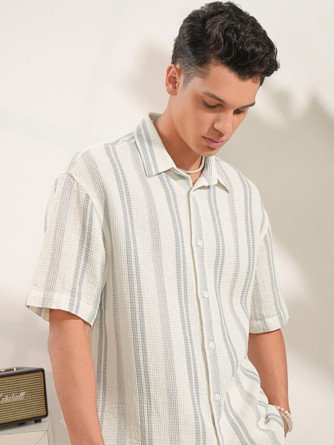 

LOCOMOTIVE Premium Dobby Textured Striped Cotton Oversized Shirt, Off white