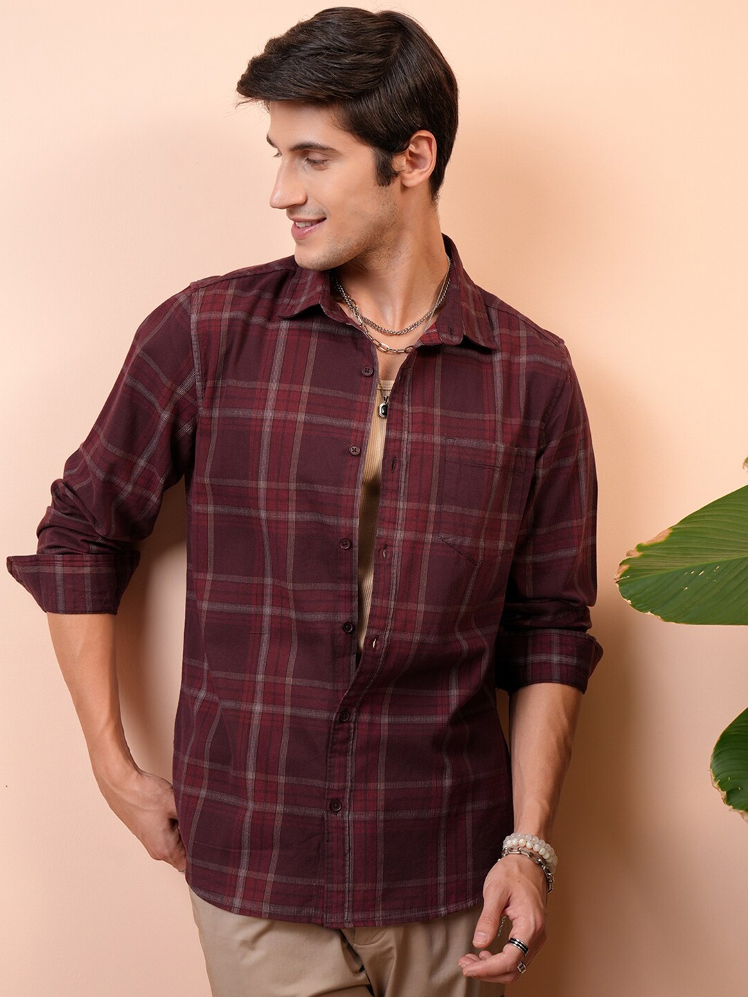 

LOCOMOTIVE Premium Dobby Textured Checked Cotton Casual Shirt, Maroon