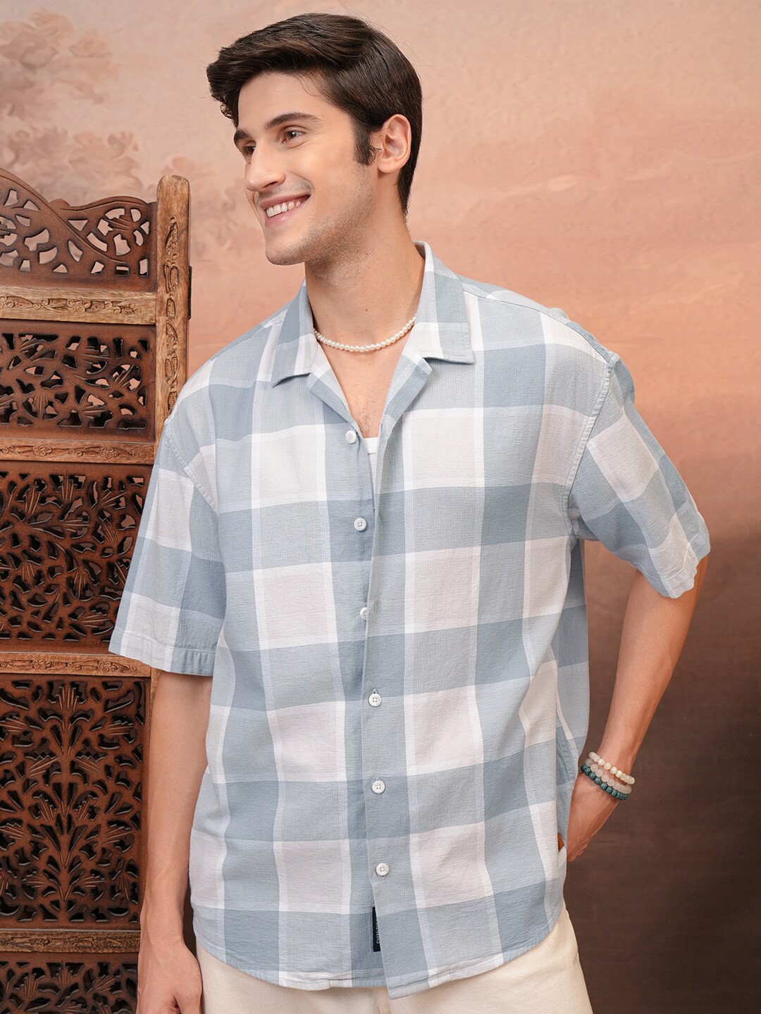 

LOCOMOTIVE Premium Textured Cuban Collar Cotton Oversized Shirt, Blue