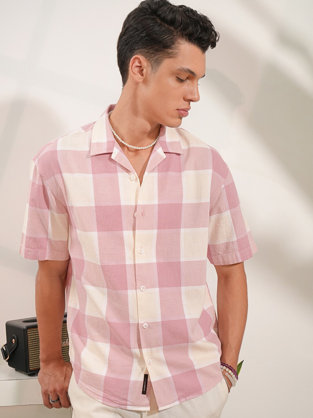 

LOCOMOTIVE Premium Textured Cuban Collar Cotton Oversized Shirt, Pink