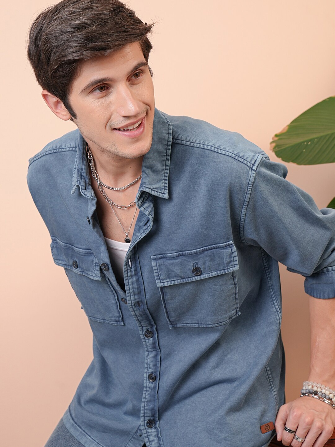 

LOCOMOTIVE Premium Cotton Linen Dobby Textured Checked Utility Pocket Relaxed Shirt, Blue