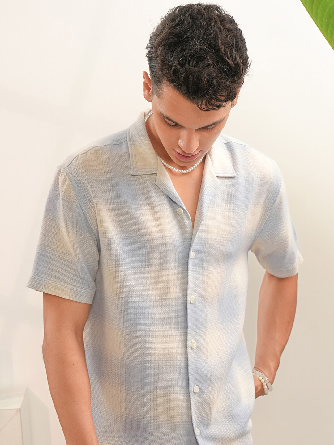 

LOCOMOTIVE Premium Dobby Textured Checked Cuban Collar Relaxed Shirt, Blue