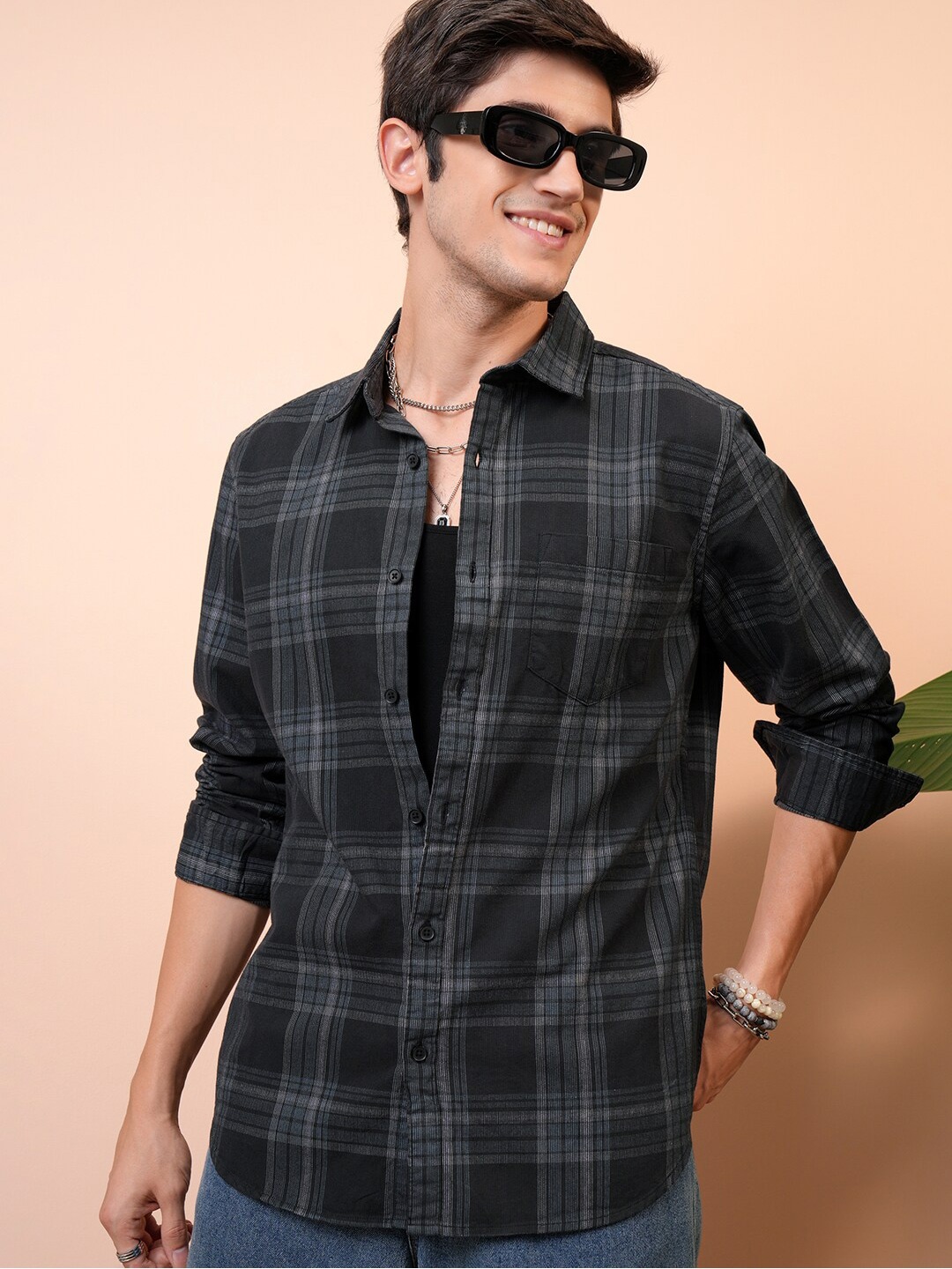 

LOCOMOTIVE Premium Dobby Textured Checked Cotton Casual Shirt, Black