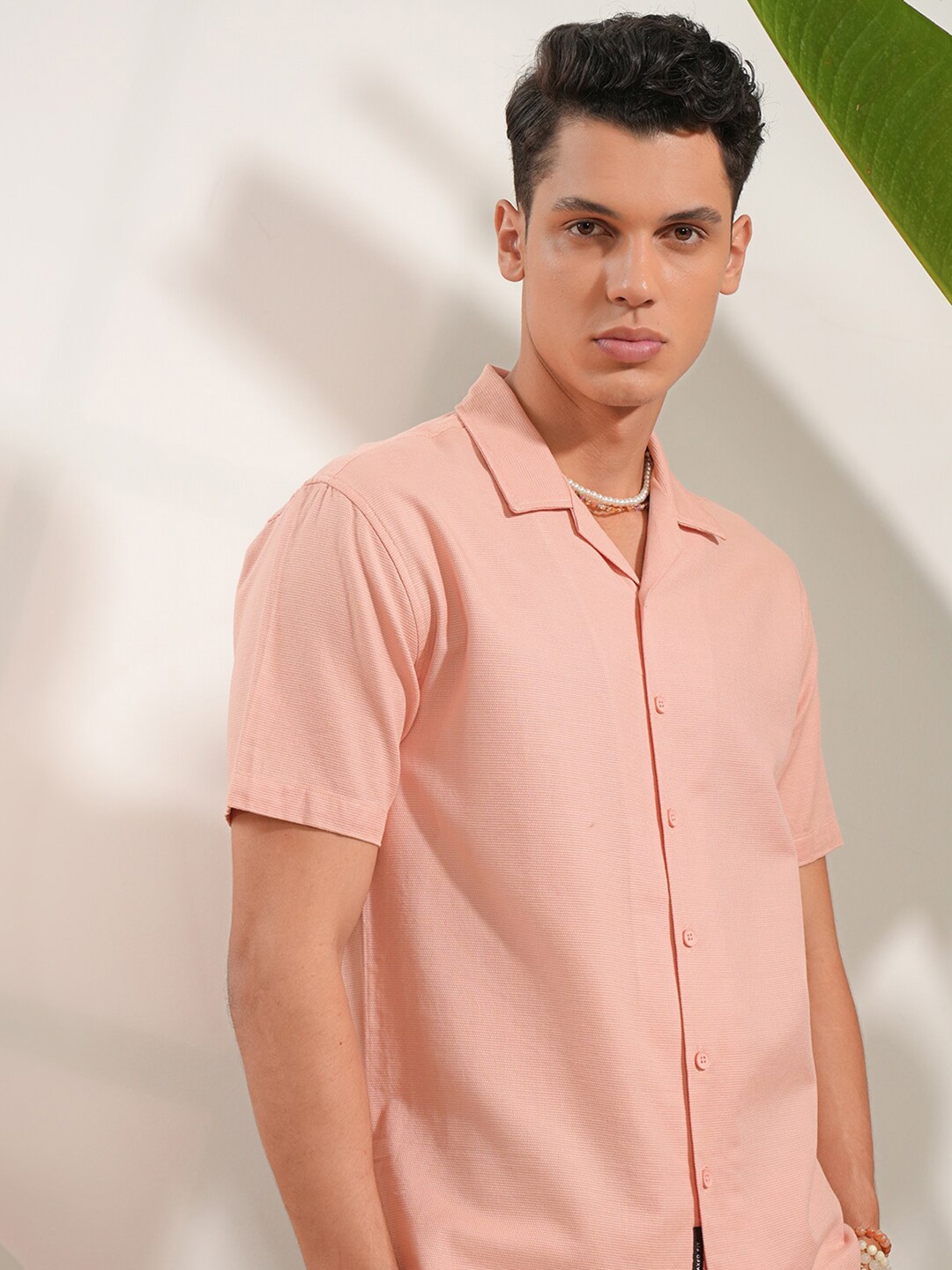 

LOCOMOTIVE Premium Dobby Textured Solid Cuban Collar Cotton Relaxed Shirt, Peach