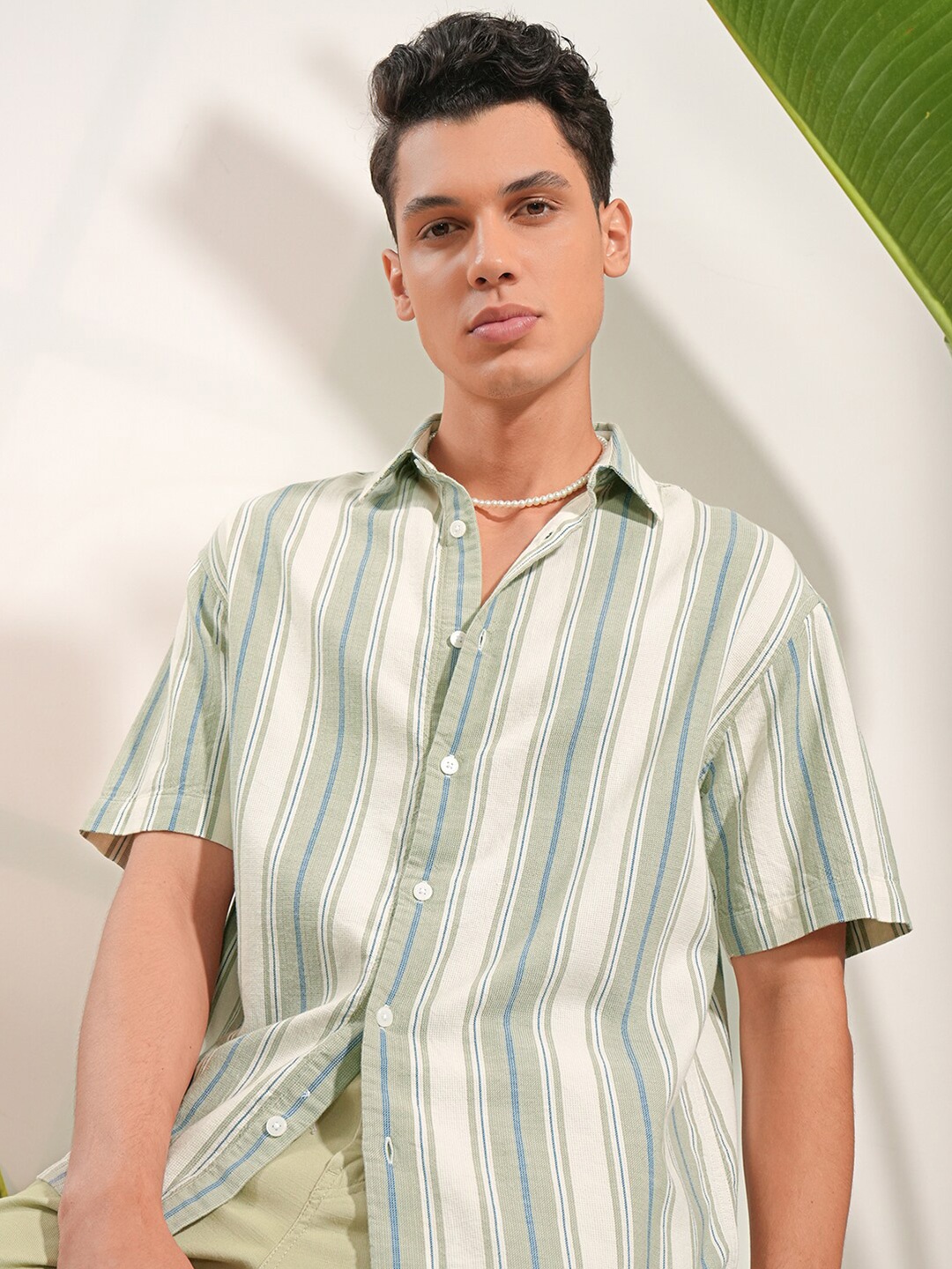 

LOCOMOTIVE Premium Dobby Textured Striped Cotton Oversized Shirt, Olive