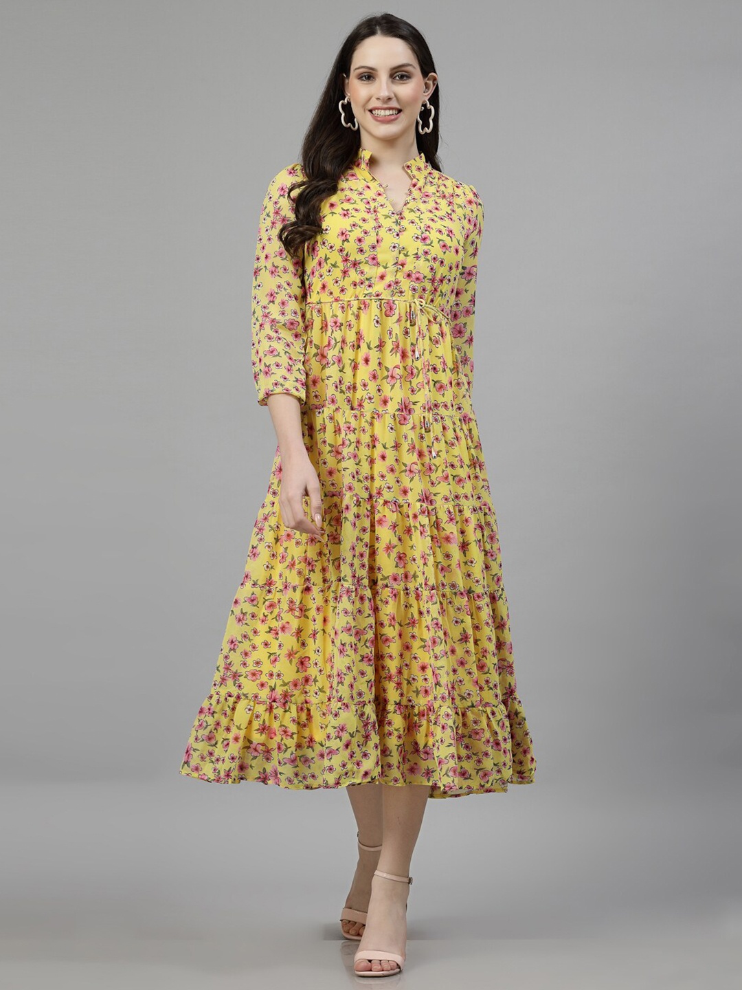 aayu Floral Print Mandarin Collar Georgette A-Line Midi Dress, Yellow