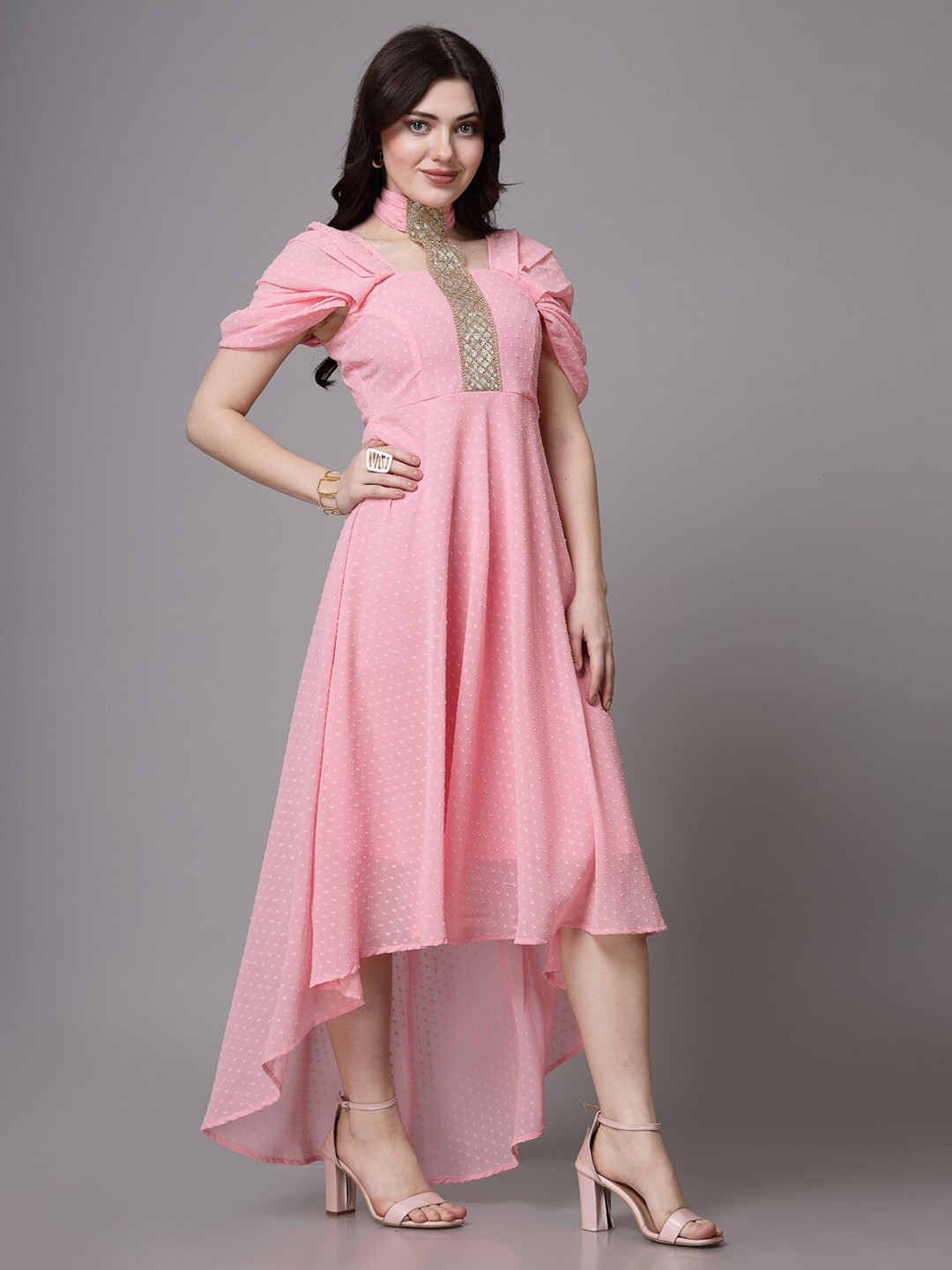 

aayu High Neck Short Sleeves Georgette Maxi Dress, Pink