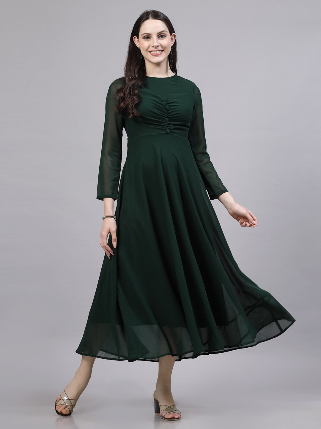 

aayu Round Neck Georgette Fit & Flare Midi Dress, Green