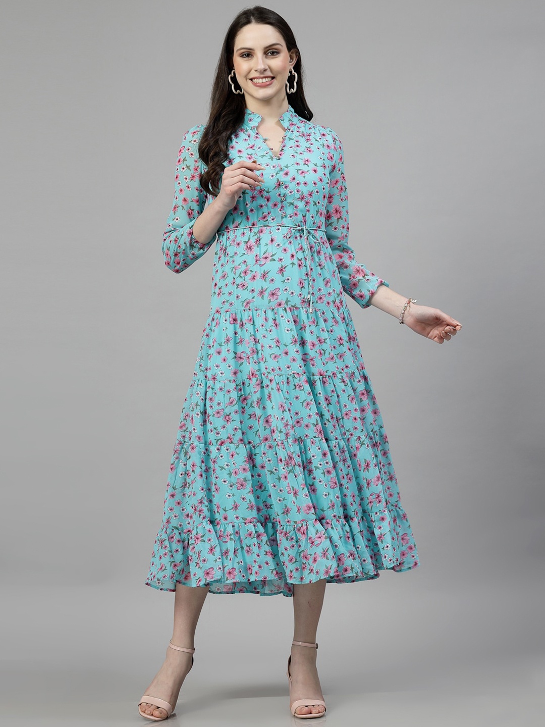 

aayu Floral Print Mandarin Collar Georgette Fit & Flare Midi Dress, Navy blue