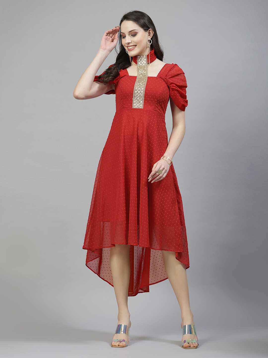 

aayu High Neck Short Sleeves Georgette Maxi Dress, Red