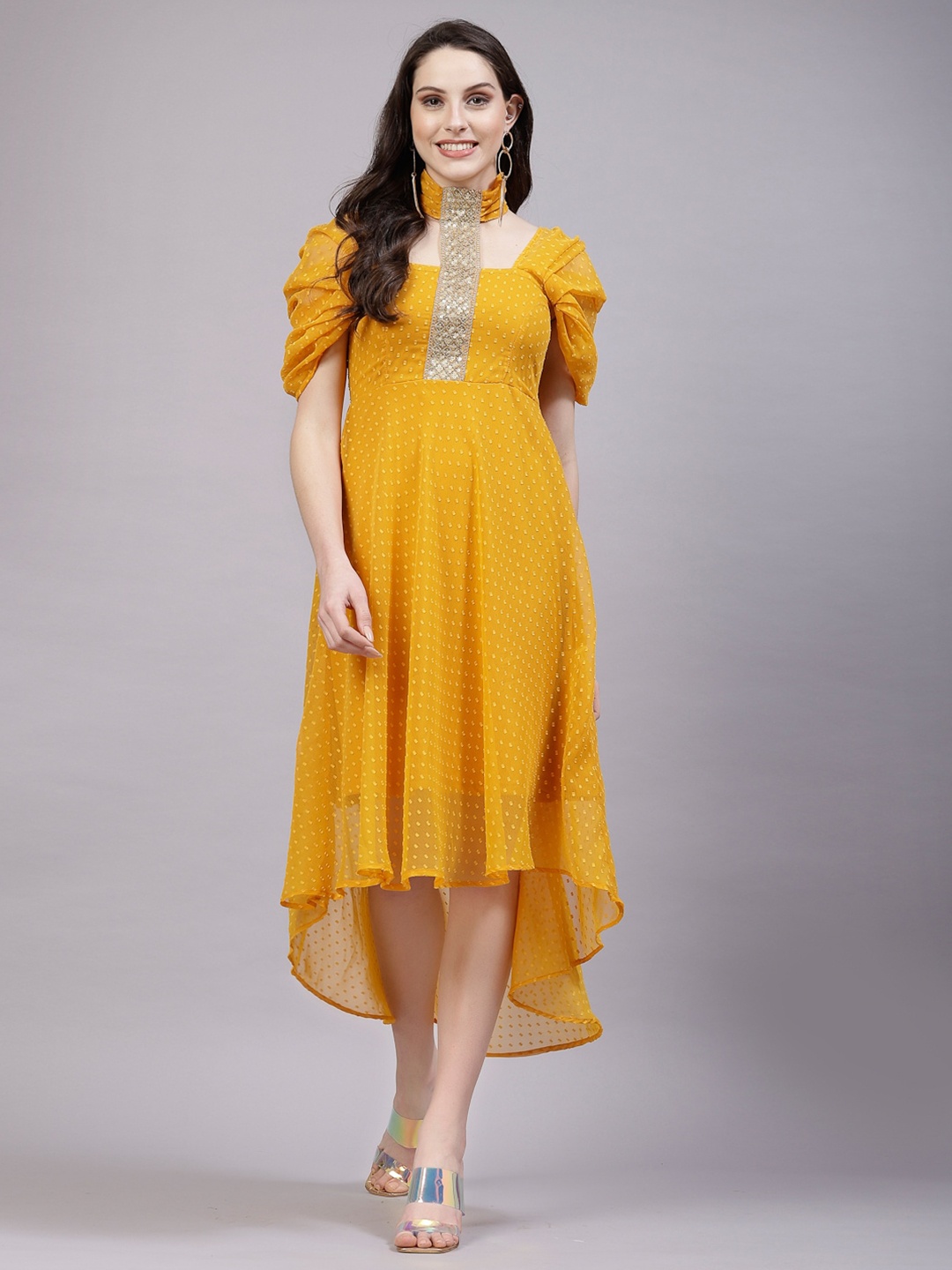 

aayu High Neck Short Sleeves Georgette Maxi Dress, Mustard