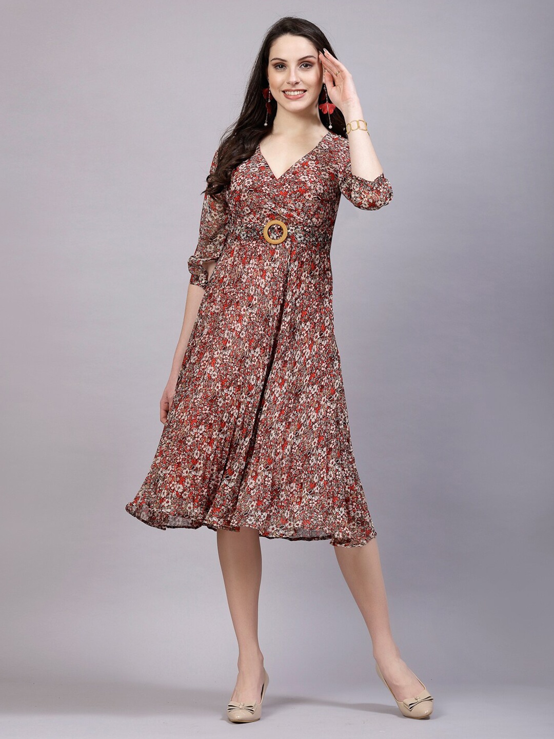 

aayu Floral Print V-Neck Georgette Empire Midi Dress, Red
