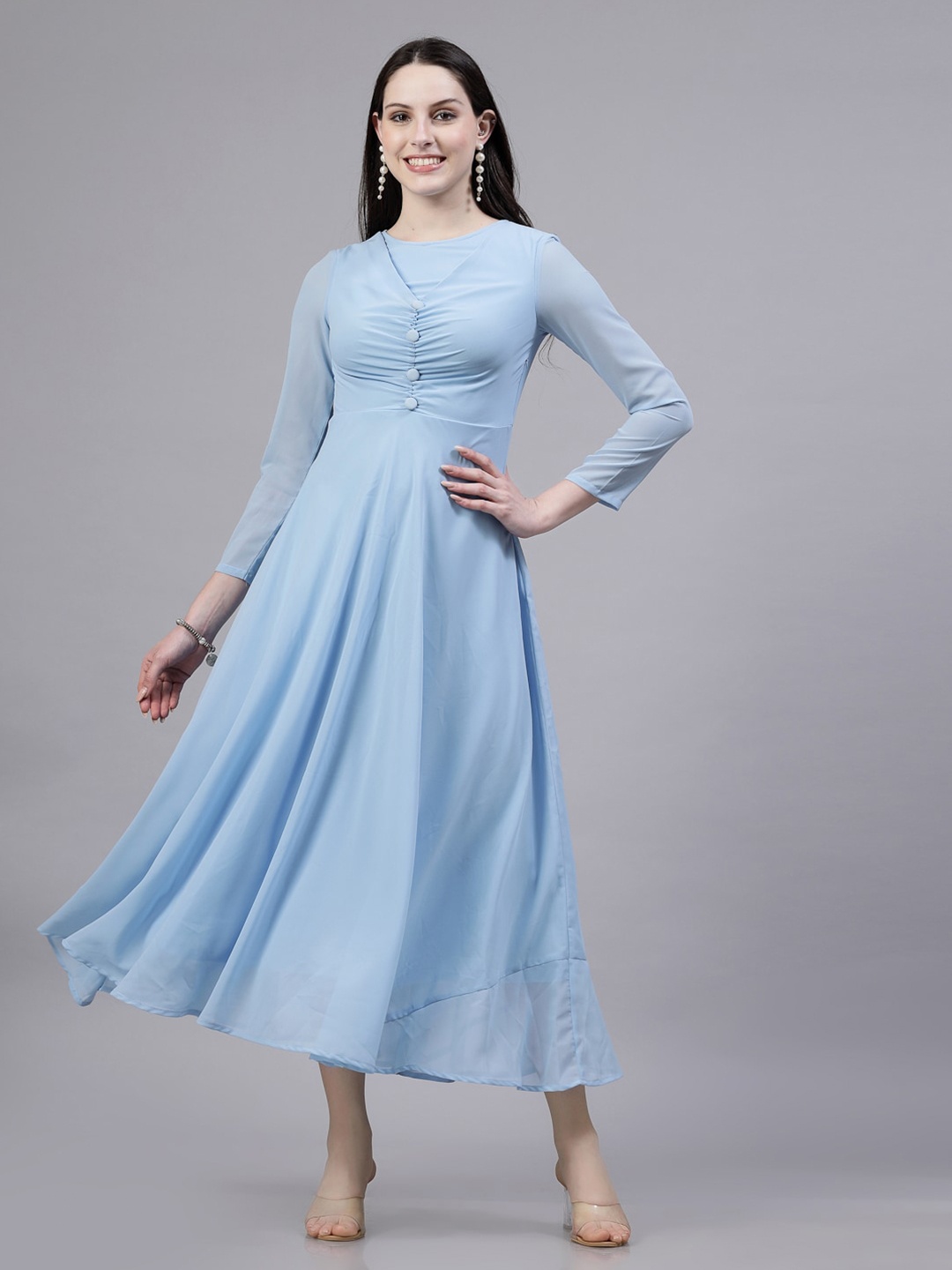 

aayu Round Neck Georgette Maxi Midi Dress, Navy blue