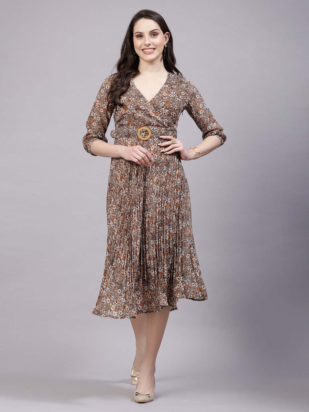 

aayu Floral Print V-Neck Georgette Midi Dress, Beige