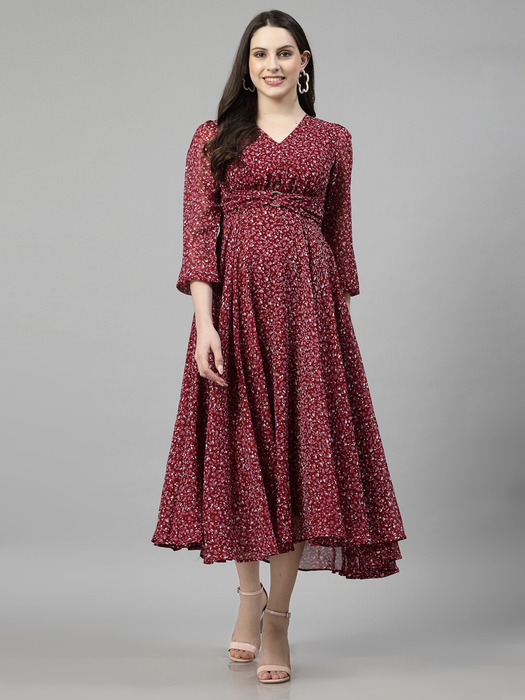 

aayu Ethnic Motifs Print V-Neck Georgette Fit & Flare Midi Dress, Red
