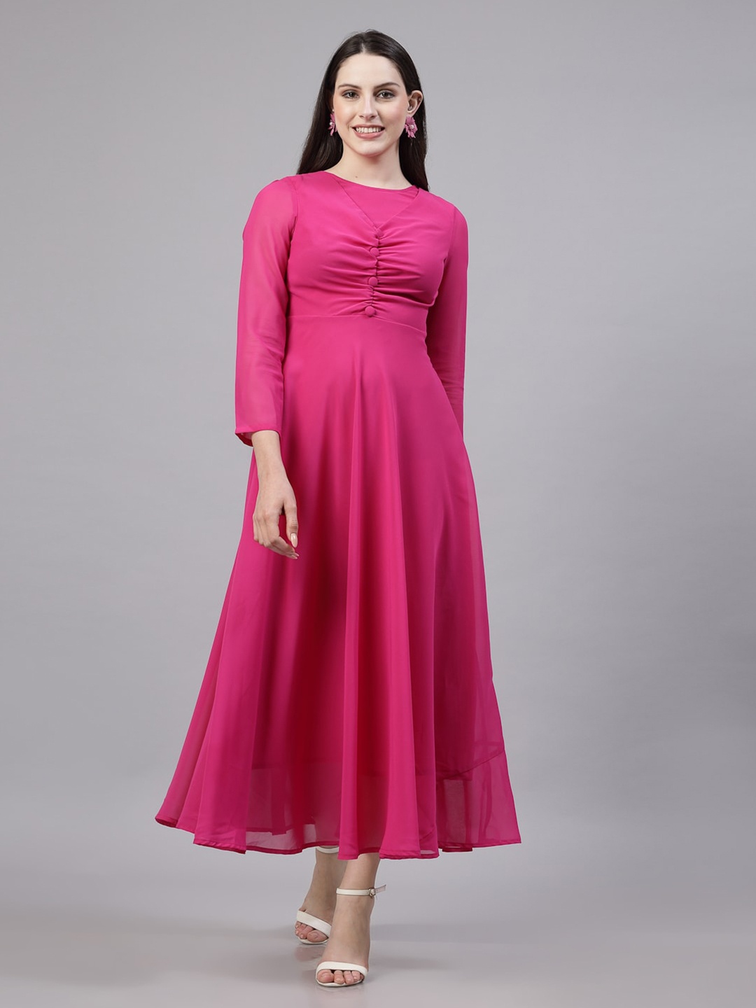 

aayu Georgette Round Neck Fit & Flare Maxi Casual Dress, Fuchsia