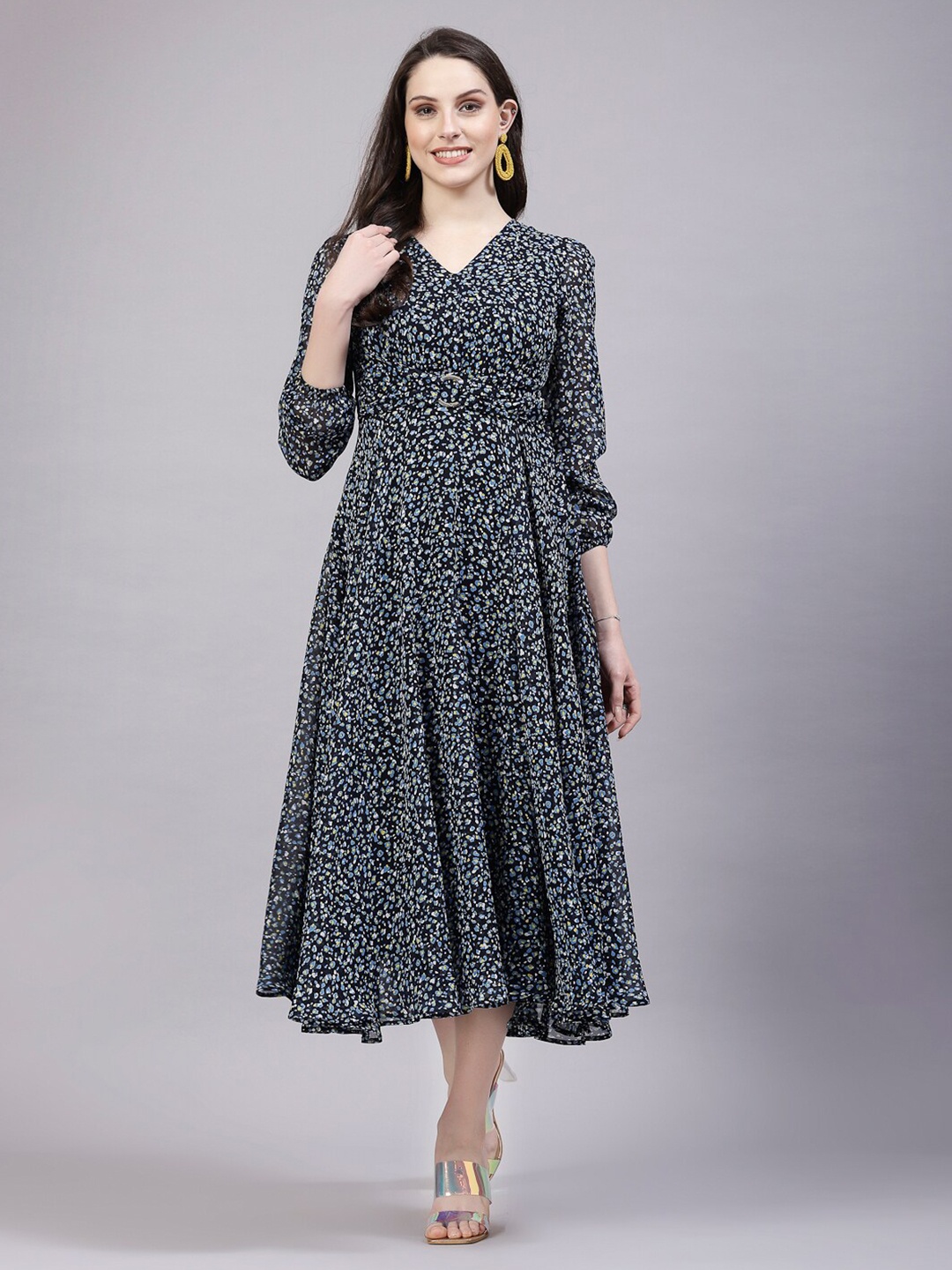 

aayu Floral Print Georgette V-Neck Fit & Flare Casual Midi Dress, Navy blue