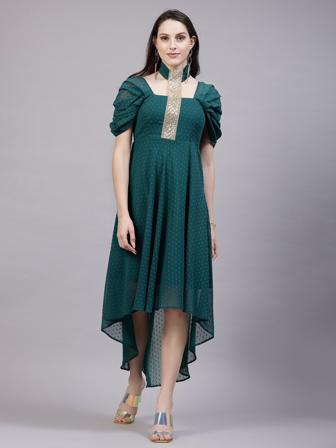 

aayu Square Neck Puff Sleeve Empire Casual Midi Dress, Green