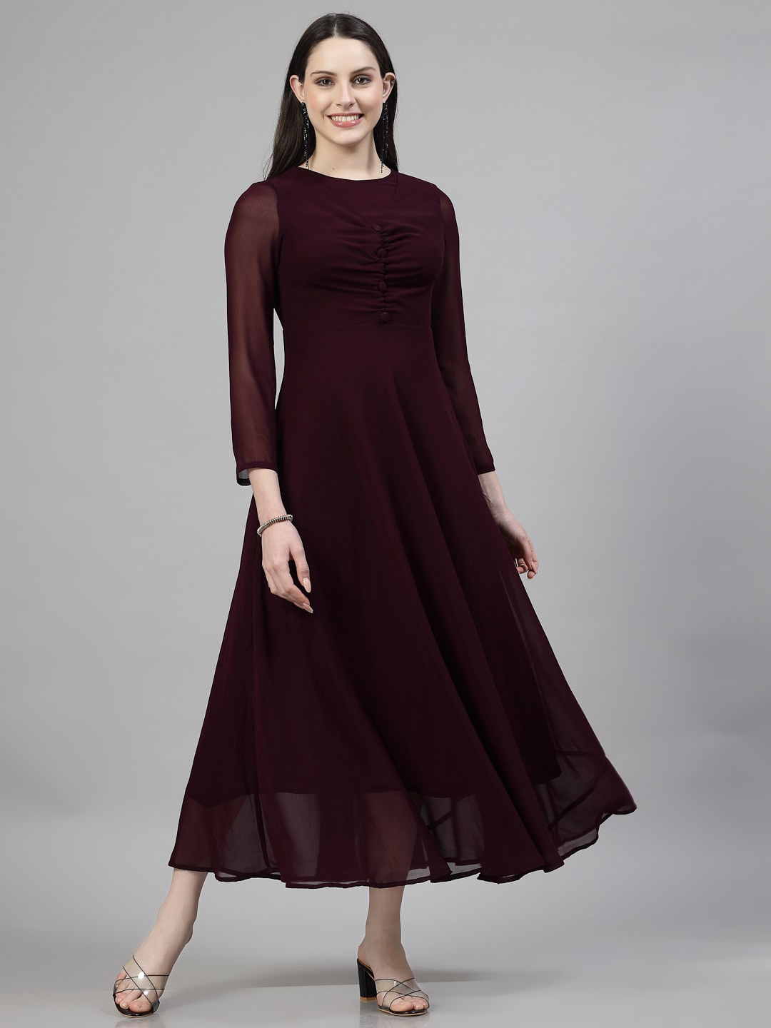 

aayu Georgette Round Neck Long Sleeves Maxi Casual Dress, Purple